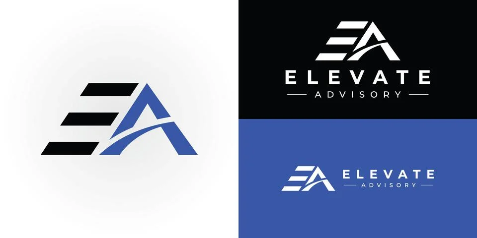 A sleek, abstract 'EA' monogram featuring geometric lines and an upward arc Stock Illustration