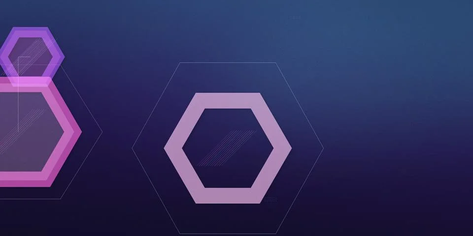 A sleek arrangement of outlined hexagonal forms glows in violet and magenta.. Stock Illustration