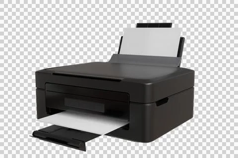 A sleek, black all-in-one printer sits angled Stock Photos