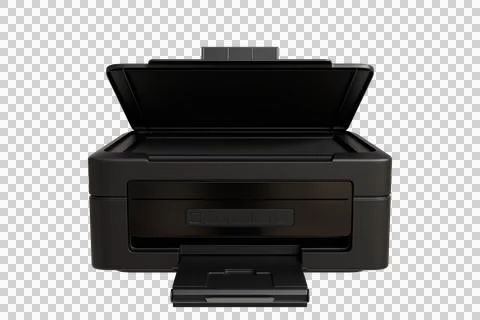 A sleek, black all-in-one printer with its top cover open Stock Photos
