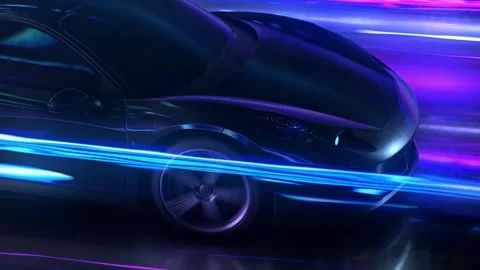 Sleek black car speeding through neon-lit night with dynamic purple and blue str Stock Footage 325992470
