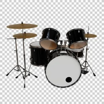 A sleek, black drum kit with three tom-toms, a bass drum, a snare drum Stock Photos