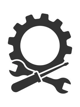 A sleek black vector icon featuring a large gear with a crossed wrench and sc Stock Illustration