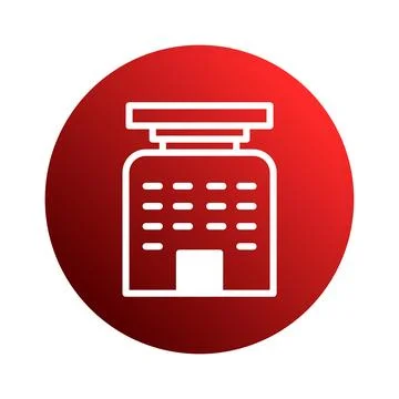 A sleek building icon design on a red circular background featuring modern .. Ilustración de archivo