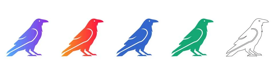 Sleek Crow Bird Icon Set with Gradient and Outline Designs Stock Illustration