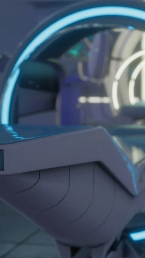 A sleek design features smooth curves and blue lights in a futuristic space Stock Footage 336583640