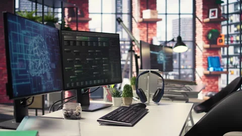 Sleek desktop workspace displays active code windows for artificial intelligence Stock Footage 308671054