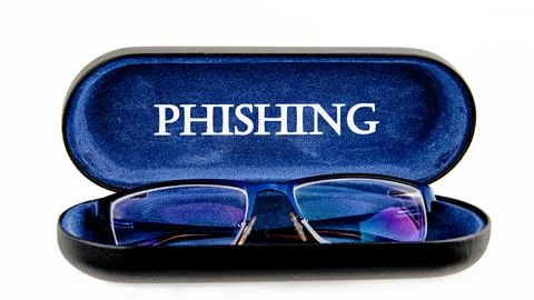 A sleek eyewear case features the term phishing prominently inside its lid, w Stock Photos