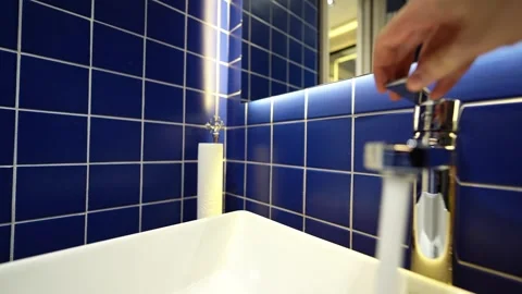 Sleek Faucet. Modern Blue Tile Aesthetic Stock Footage 307487559