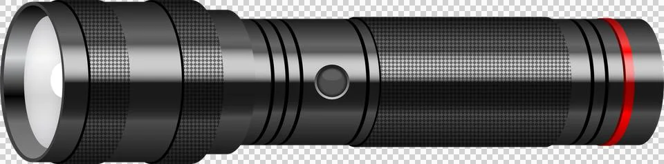 Sleek flashlight, black, with a button switch, textured grip, and red accen.. Illustration