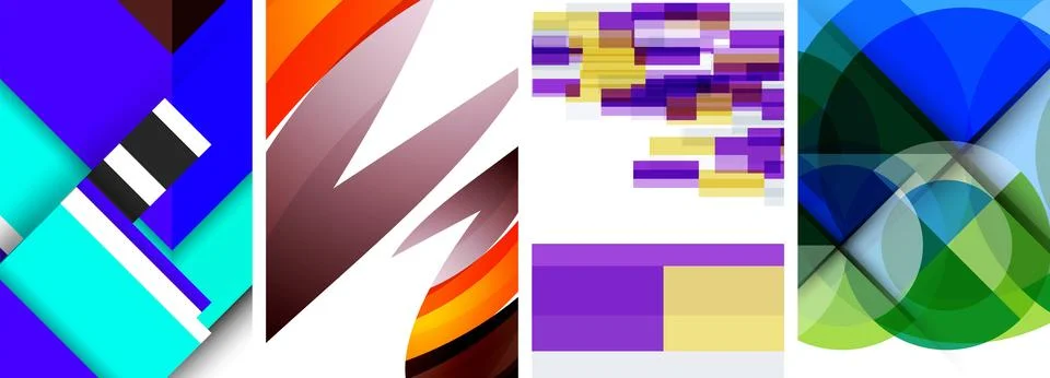 Sleek geometric abstract backgrounds composed of circles, lines, and triangles Stock Illustration