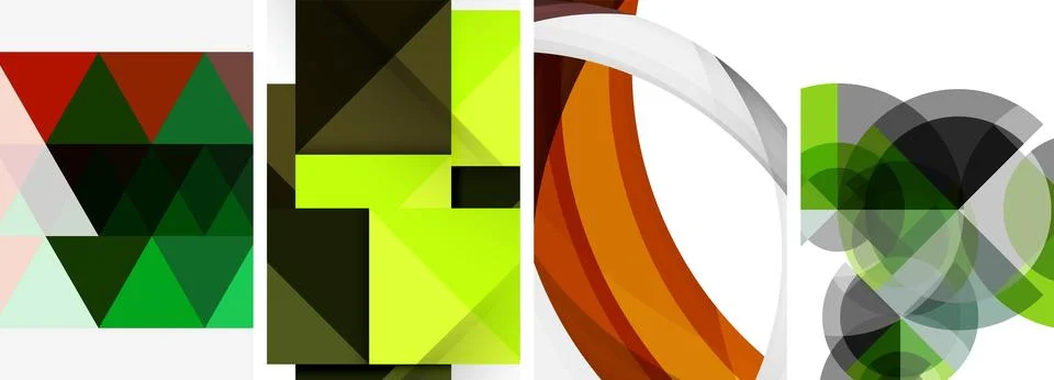 Sleek geometric abstract backgrounds composed of circles, lines, and triangles Stock Illustration