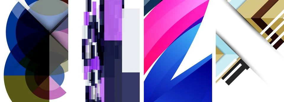 Sleek geometric abstract backgrounds composed of circles, lines, and triangles Stock Illustration