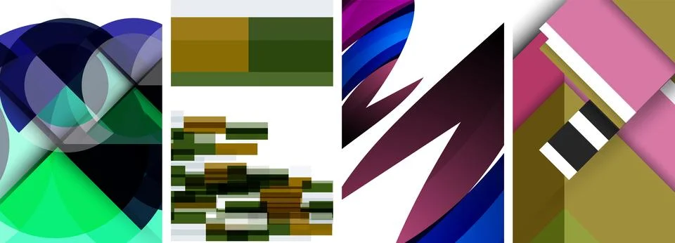 Sleek geometric abstract backgrounds composed of circles, lines, and triangles Stock Illustration