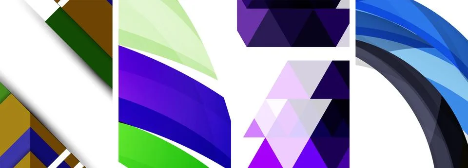 Sleek geometric abstract backgrounds composed of circles, lines, and triangles Stock Illustration