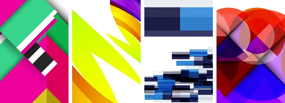 Sleek geometric abstract backgrounds composed of circles, lines, and triangles Stock Illustration