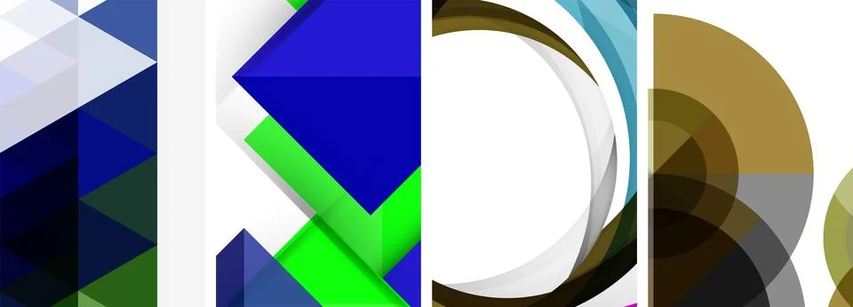 Sleek geometric abstract backgrounds composed of circles, lines, and triangles Stock Illustration