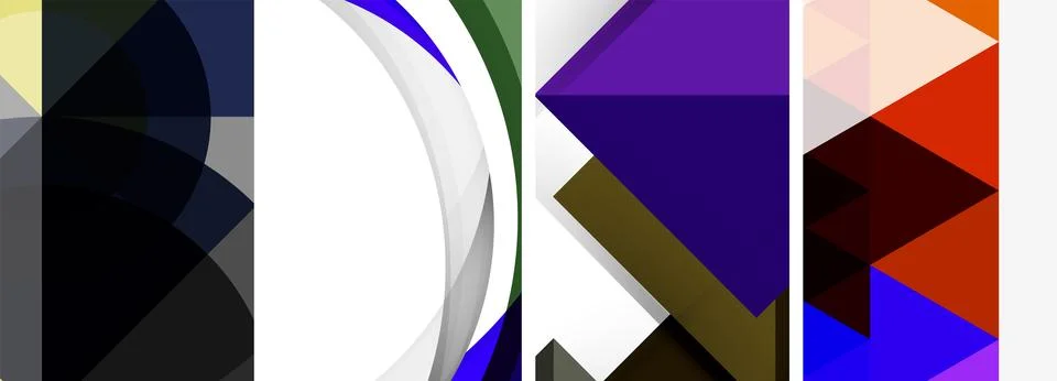 Sleek geometric abstract backgrounds composed of circles, lines, and triangles Stock Illustration