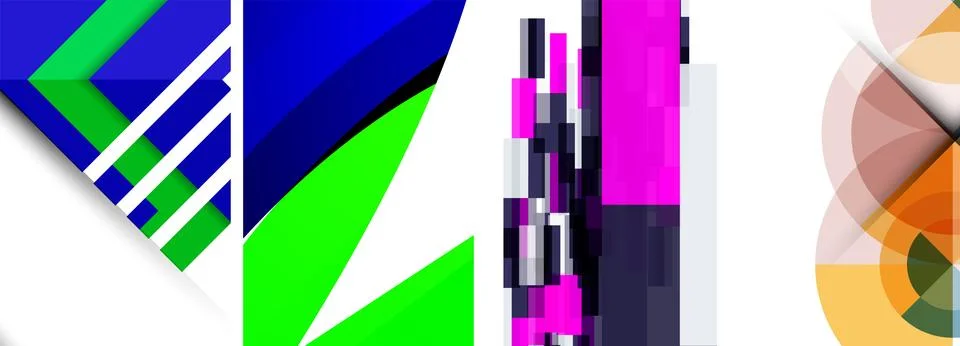 Sleek geometric abstract backgrounds composed of circles, lines, and triangles Stock Illustration