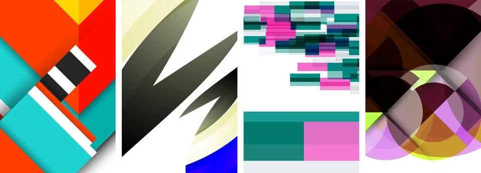 Sleek geometric abstract backgrounds composed of circles, lines, and triangles Stock Illustration
