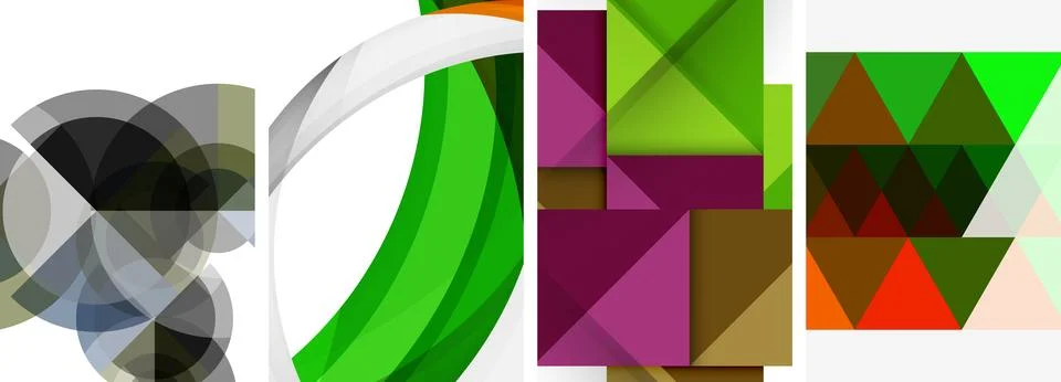 Sleek geometric abstract backgrounds composed of circles, lines, and triangles Stock Illustration