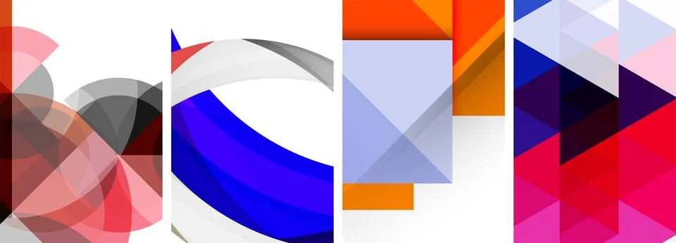 Sleek geometric abstract backgrounds composed of circles, lines, and triangles Stock Illustration