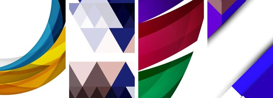 Sleek geometric abstract backgrounds composed of circles, lines, and triangles Stock Illustration
