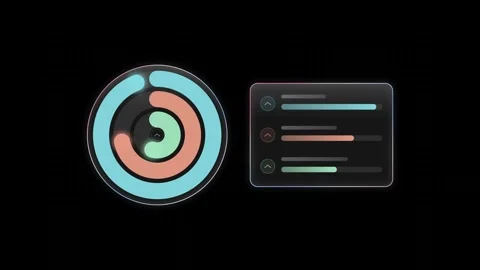 Sleek Glass UI Activity Rings with Vibrant Color Accents on Black Background Fea Stock Footage 341329435
