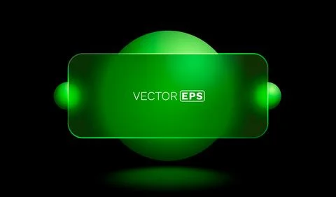 Sleek glowing green glassmorphic rectangle with spheres on a dark background. Stock Illustration