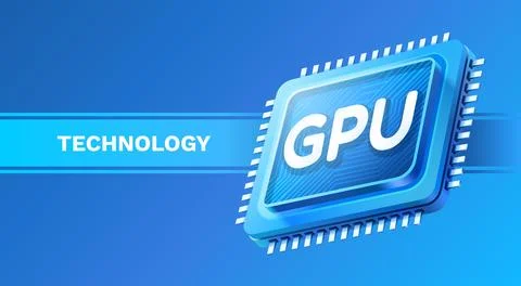 Sleek GPU processor chip on a dynamic blue technology background. Stock Illustration