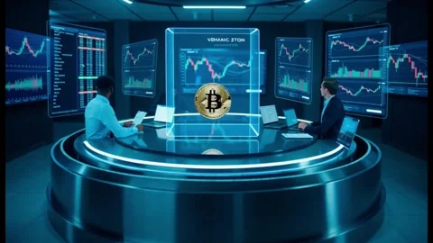 A sleek, high-tech trading desk displaying Bitcoin prices Stock Footage 311643798