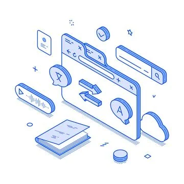 A sleek, isometric vector illustration showcasing a modern language translati Stock Illustration