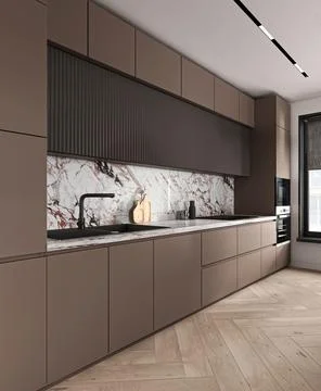 Sleek kitchen design with marble backsplash and taupe cabinetry in a Stock Illustration