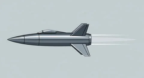 Sleek metallic rocket ship with pilot cockpit and white exhaust trails agai.. Stock Illustration