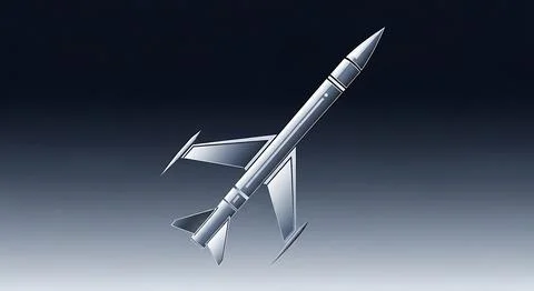 Sleek metallic silver rocket with sharp aerodynamic lines and stylized fins.. Stock Illustration