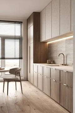 Sleek modern kitchen design with a mix of wood and stone textures. 3d rendering Stock-Illustration