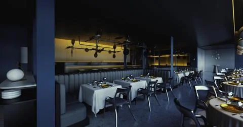 Sleek modern restaurant interior with elegant dining setup at night Stock Illustration
