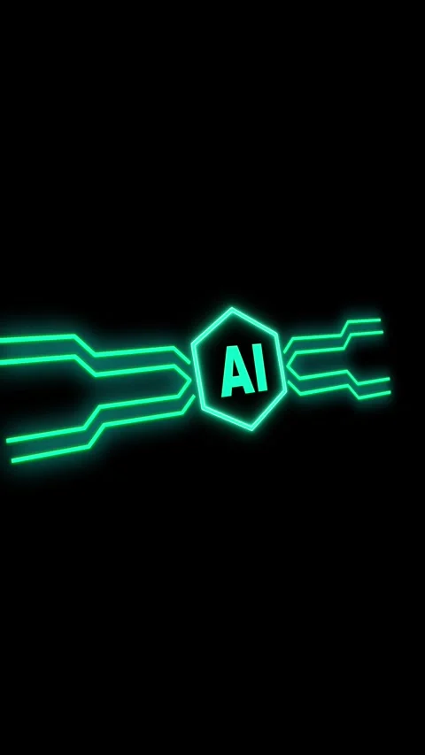 Sleek neon cyan AI text symbol on hexagonal circuitry tech. AI text icon on.. Stock Footage 344840433