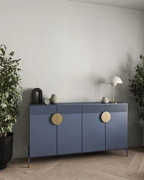 Sleek sideboard in modern interior design with gold accents and indoor plant Ilustração Stock