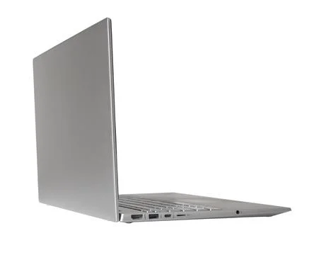 Sleek silver laptop computer viewed from behind at perspective angle. Open .. Stock Photos