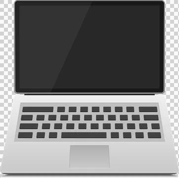 Sleek, silver laptop open, featuring a dark screen, keyboard, and trackpad .. Stock Illustration