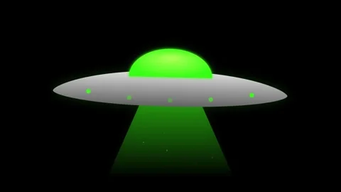 A sleek silver metallic UFO hovers in a black void, projecting a vibrant ne.. Видео 346202335
