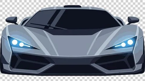 Sleek Silver Supercar Front View Illustration with Glowing Blue LED Headlights Illustrazione stock