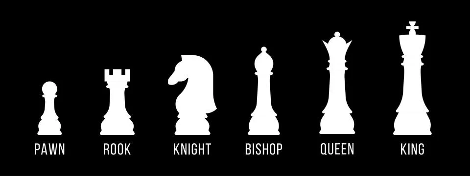 A sleek vector illustration featuring a set of white chess pieces with labe.. Stock Illustration