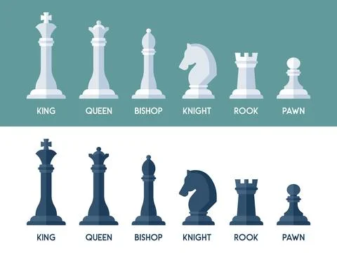 A sleek vector illustration featuring a set of white and black chess pieces.. Illustrazione stock