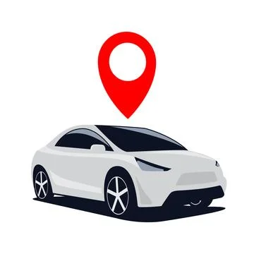 This sleek white car vector illustration features a red map pin pointer, perf Stock Illustration
