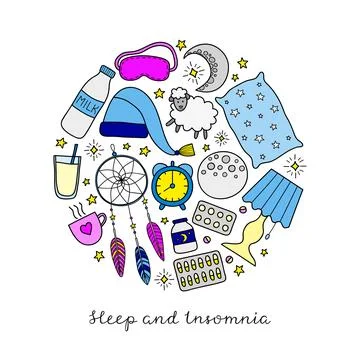 Sleep and insomnia items in circle. Stock Illustration