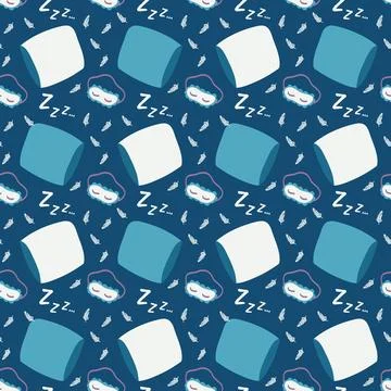 Sleep and rest seamless pattern. Pillow, feathers, sleep mask and sleep sound on Stock Illustration