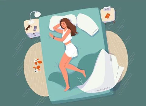 Sleep control concept vector background. Young woman sleeping at home on bed Stock Illustration