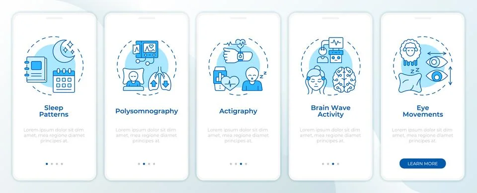 Sleep disorder diagnostic methods blue onboarding mobile app screen Stock Illustration